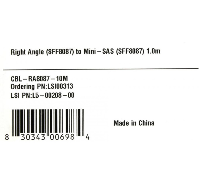 LSI LSI00313 CBL-RA8087-10M L5-00208-00 1.0m Internal Straight (SFF 8087) to Right Angle (SFF 8087) SAS Cable All Sidebands Removed