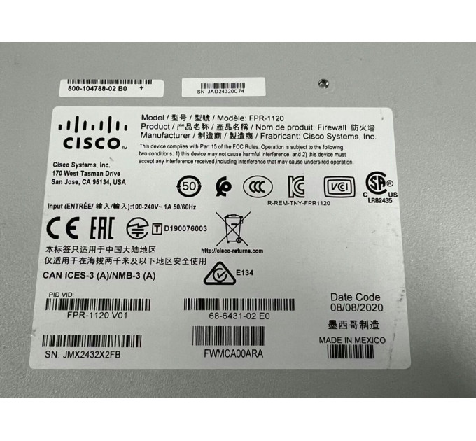 Cisco Firepower FPR-1120 Firewall Device FPR1120-NGFW-K9 with FPR1K-SSD200
